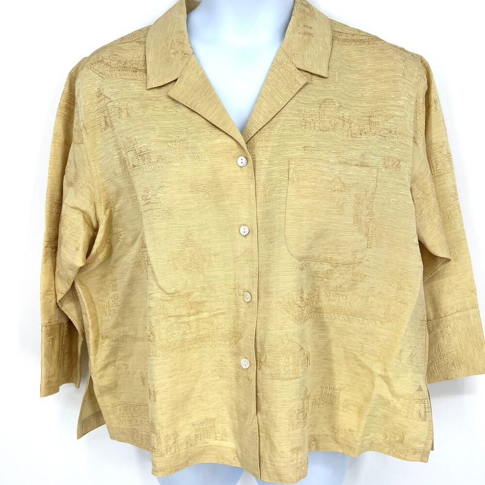 Chico's I Do I Do ¾ Sleeve Silk Button Up Blouse Jacket Gold Chico's Size 3